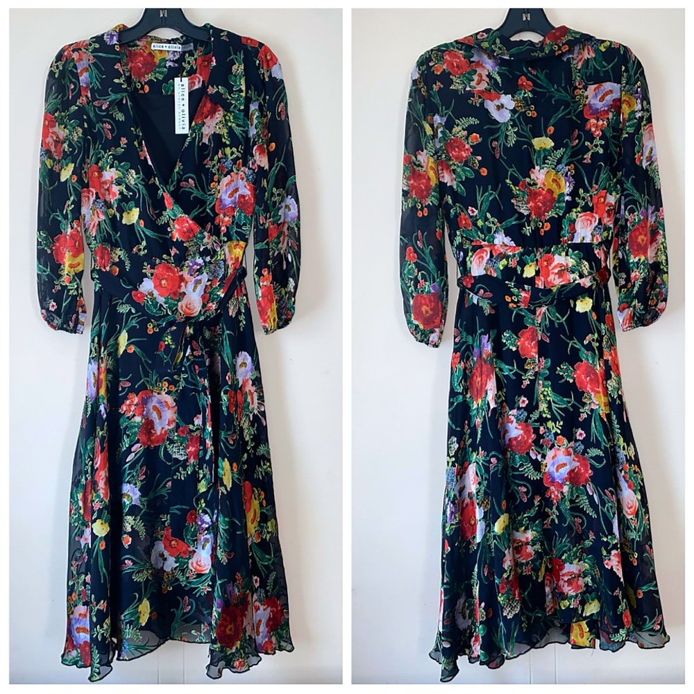 Alice + Olivia Abney Floral Black Red Collared Midi Dress - Picture 9 of 16
